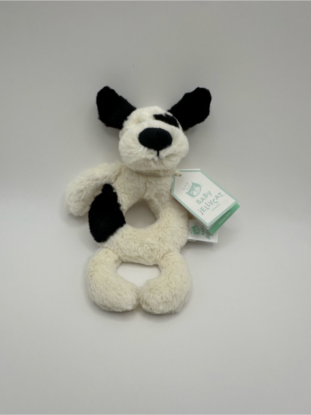 NWT Jellycat Black and White Plush Puppy Teething Ring Toy